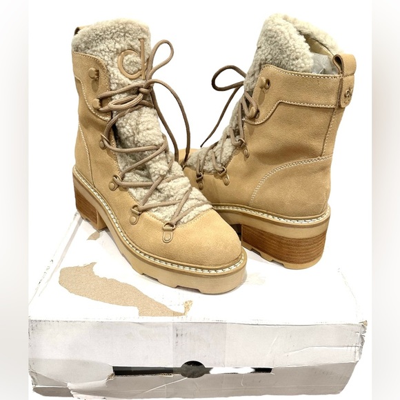 Alaina Light Natural Fleece Lined Leather & Faux Upper Lug Lace Up Boots by CK - Picture 7 of 8